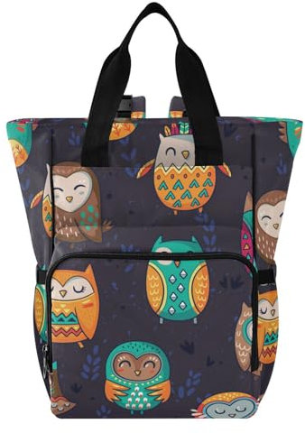 MCHIVER Wickeltasche Rucksack Große Kapazität Babytaschen mit isolierten Taschen Mutterschaft Mama Tasche für Baby Mädchen Baby Jungen, Indische Eule