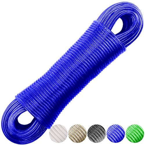 Corde à linge robuste de 20 m avec noyau en acier robuste - Résistante à la rouille et à l'eau - Pour jardin extérieur - Bleu