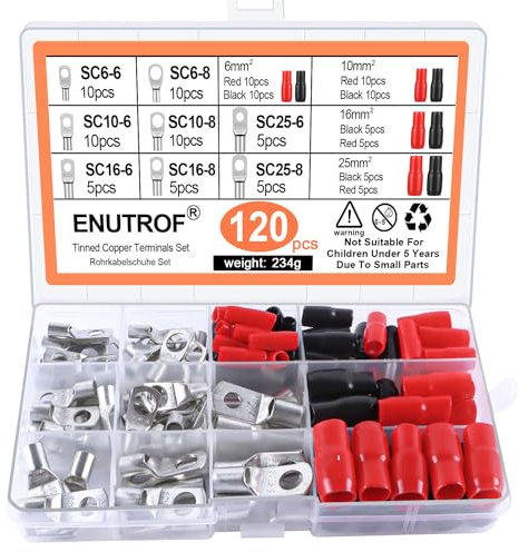 Rohrkabelschuhe Ringkabelschuh Set 120Stk 25mm² 16mm² 10mm² 6mm² Kabelschuhe Rohrkabelschuhe Set mit Schrumpfschlauch für Kfz Auto Motorad Boote