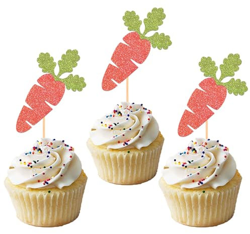 24 Stück Glitzer Ostern Möhren Cupcake Toppers, Osterfest Tortendeko, Karotte Kuchen Deko Ostern für Osterfest Party Dekoration (Möhren)