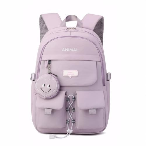 Tanou Cartable Fille Sac a Dos Fille Primaire, Grande Sac Ecole Fille Primaire en Nylon pour Enfants de 7 à 14 Ans, Léger Sacs Scolaires College Filles avec Poche Monnaie, Violet