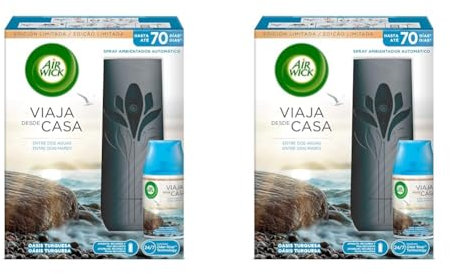 Air Wick Freshmatic 1 Aparato y 1 Recambio de Ambientador Spray Automático, Esencia con Aroma a Oasis Turquesa, Colección Viaja des de Casa - Negro (Paquete de 2)