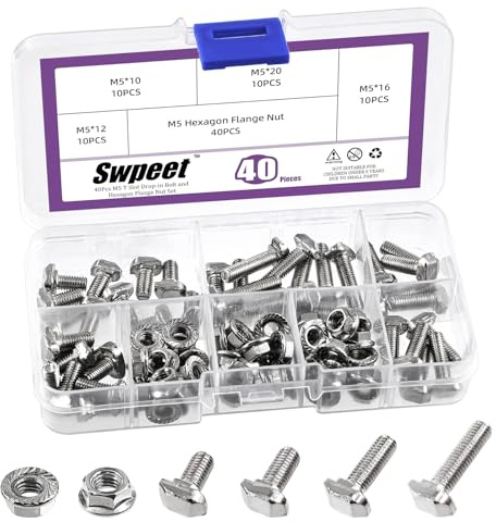 Swpeet 80Pcs 4 Sizes European Standard 20 Series M5 x 10/12/16/20mm T Slot Drop-in Bolt and Nickel M5 Flange Nut Assortment Kit, Thread T Slot, Drop-in Bolt T-Bolt, Hammer Head Bolt, T Screw Stud