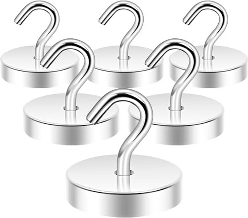 Neosmuk 100lb+ Extra Strong Magnet with Hook for Fridge,Heavy Duty Cruise Hook for Ceiling,Small Magnetic Holder for Van, Tool(Silver, Pack of 6)