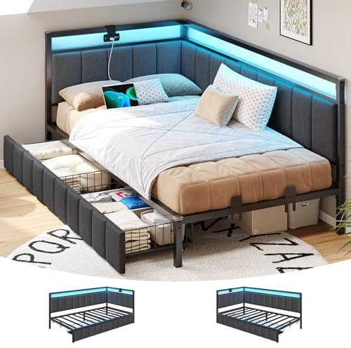 DICTAC Twin Corner Bed Frame with 2 Storage Drawers and Charging Station Twin Bed Frames with Storage and Led Lights Twin Size Daybed for Kids Teen with Upholstered Guardrail,No Box Spring Needed,Gray