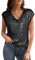 Damen Cocktailbluse Elegant Funkelnde Pailletten Tunika V-Auschnitt Kuzre Ärmel Shirt Glitzer Oberteile für Kleid Tops Schwarz XXL
