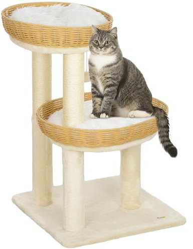 PawHut Arbre à Chat, Arbre à Grimper, Hauteur de 75,5 cm, avec Deux Lits pour Chat en rotin, griffoirs, Coussins lavables, Balle de Jouet, Beige
