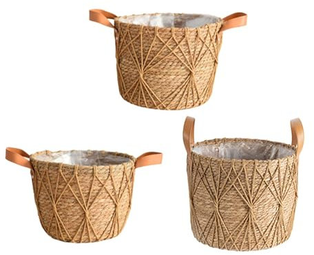 Sharplace Lot de 3 paniers de Rangement en Paille tressée pour Pots de Fleurs, Salon, buanderie, Kaki