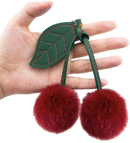 GlamRays Porte-clés mignon cerise doré pour sac à main, pendentif pompon, accessoire de Noël, rouge, L, Rouge, L