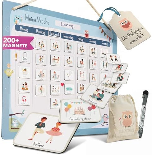 Wochenplaner Kinder - Montessori Magnettafel, 211 Magnete, beschreib- & abwischbar - Wochenplan Kinder fördert Selbstständigkeit & Struktur - Wochenplaner magnetisch mit Zubehör