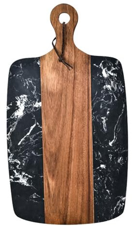 BGFYUSF Tabla de Cortar de mármol para Servir， Tabla de Cortar con Mango， Tabla de Queso de mármol para Servir， Tablas de Cortar de mármol Blanco y Negro para Cocina，，Black-40cm