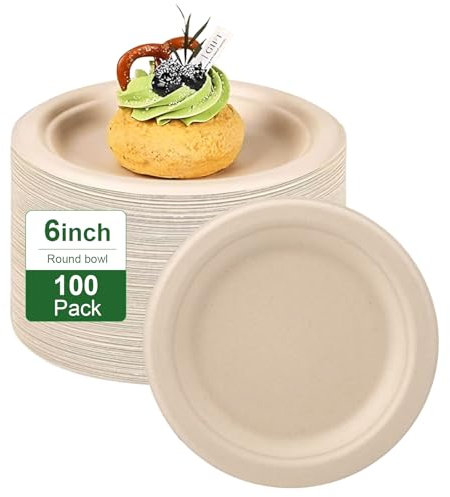 Ksvaye 100Pcs 15,5cm Platos Desechable y Ecológicos de Caña de Azúcar Platos Carton Desechables,Robusto Vajilla Desechables Biodegradables,Ecológicos y Compostables, para Picnics, Barbacoas, Fiestas