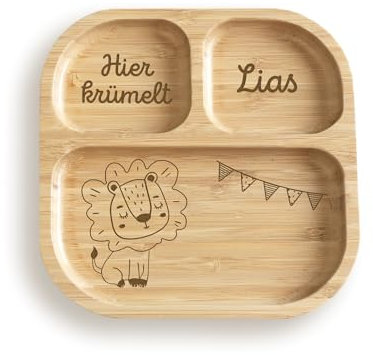 hellomini Personalisierter Babyteller mit Saugnapf – Individueller Kinderteller aus hochwertigem Bambusholz – Geschenk zur Geburt & Taufe – BPA-frei (Löwe, Teller+Besteck(beige))
