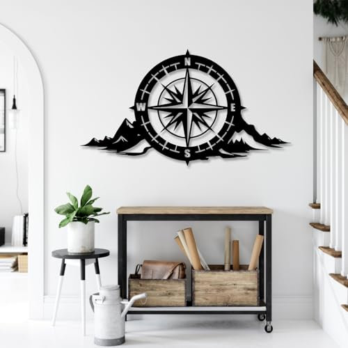 Décoration Murale en métal avec Boussole et Montagne, décoration, Rose des Vents