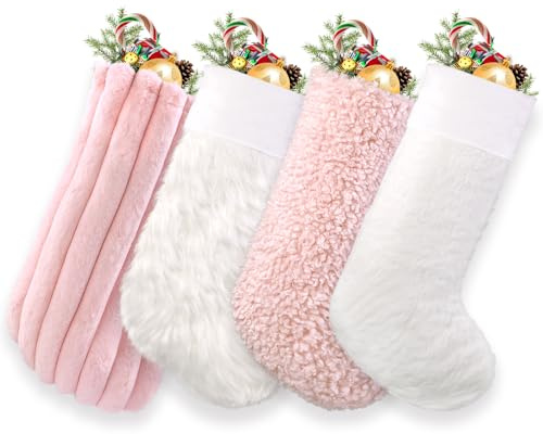 JOLCEEY 4 Pack Christmas Stockings, 18 in Pink White Faux Fur Large Plush Hanging Xmas Stockings for Christmas Fireplace Personalized Decorations Socks