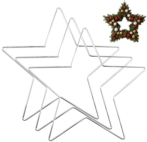 3 Stück Metallring Stern zum Basteln, Hängende Metallsterne Fenster Deko, Stern Kranz Rahmen Pentagrammförmige Kranzringe für Thanksgiving Weihnachten Neujahr Hochzeit (Silber,30CM)