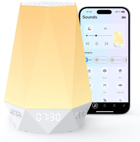 HOMGEN 3-in-1 White Noise Machine Baby mit Nachtlicht & Wecker, tragbar | 32 beruhigende Klänge, 7 Wecker, 8 Farben, App-Steuerung, 1500mAh Super Akku, Sound-Maschine für Zuhause Büro Reisen