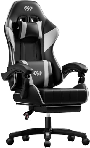 HLFURNIEU Silla Gaming Ergonómica con Soporte Lumbar, Negro y Blanco | Silla Gamer con Reposacabezas y Reposapiés Retráctil, Cadeira Gaming con Altura Ajustable, Reclinable 90-135°