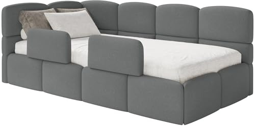 Selsey Jugendbett 120x200cm Dunkelgrau Chenille Stoff mit Matratze und Lattenrost, Polsterbett mit Stauraum und Bettkasten, Kinderbett mit 2 Schutzbarrieren, Jugendbett linksseitig
