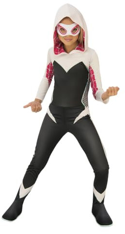 Rubies Spider Gwen Classic Mädchen Jumpsuit mit angebrachter Kapuze, Stiefelüberzug und Augenmaske, offizielles Marvel-, Spider-Mann-Kostüm, für Karneval, Halloween, Weihnachten und Geburtstag