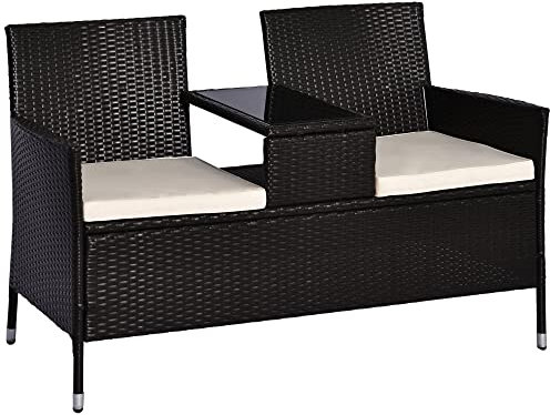 Outsunny 2 Seater Rattan Campanion Chair Wicker Loveseat Outdoor Patio Armchair with Drink Table Garden Furniture - Dark Brown