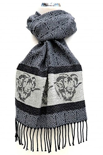 Calzeat of Scotland Celtic Alba Ram Sheep Blue Silver Grey Jacquard Wool Scarf