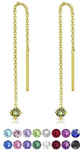 DTPsilver® KLEINE Durch Ohrringe ziehen 925 Sterling Silber Gelb Vergoldet mit Baumelnde 3 mm Swarovski® Elements Kristall - Farbe : Peridot