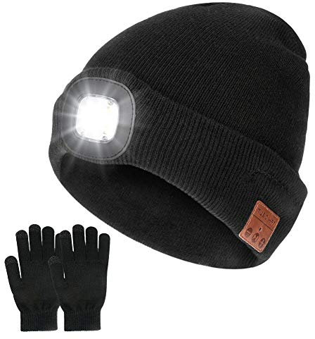 Kabellose Bluetooth-Beanie mit LED-Stirnlampe V 5.0, mit Touchscreen-Handschuhen. Mit USB zum Wiederaufladen für Musik. Waschbare Mütze für Herren und Damen zum Laufen, Skifahren, Wandern, Camping