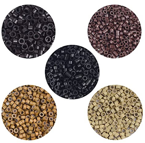 1000 pezzi 5 mm Micro Anelli Foderati in Silicone Perline da per strumento di estensioni dei capelli (Nero + Marrone scuro + Marrone + Biondo scuro + Biondo)