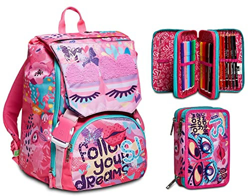 SJ Gang SJ Rucksack, Schulranzen für Grundschule,Geräumige Schultasche für Mädchen und Jungen Federmäppchen, Mäppchen, mehrfarbig, Federtasche für Schreibwaren, Etui mit Stiften, Kugelschreiber.