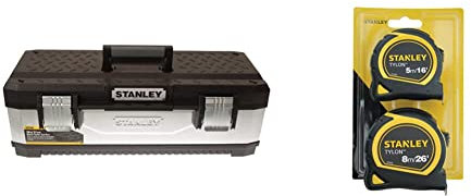 STANLEY Galvanised Toolbox Chest with Heavy Duty Metal Hinge, Portable Tote Tray for Tools and Small Parts, 26 Inch, 1-95-620 & STA998985 Pocket Tapes, 5m/16ft & 8m/26ft