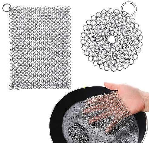 2 Stücke Gusseisenreiniger aus Edelstahl,Kettennetz-Schrubber,Ringreiniger mit Aufhängering für Dutch Oven, Bratpfannen, Grillpfannen oder Woks und mehr