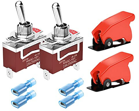 GUUZI 2 Kippschalter mit roter Sicherheitsabdeckung 12 VDC 15 A/24 VDC 10 A/125 VAC 15 A/250 VAC 10 A EIN/AUS 2-Pin SPST Schalter mit 2 Positionen, Auto-Wippschalter