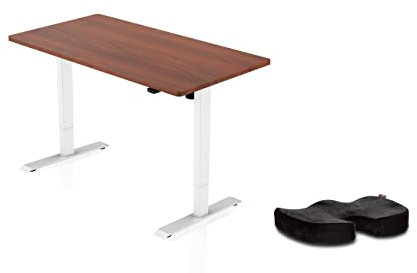 - AGIL - Elektrisch höhenverstellbarer Schreibtisch - Set - weißes Gestell mit Walnuss Tischplatte - 140x70cm - mit Sitzkissen - Ergonomischer Sitz-Steh-Tisch - stilvoll am Arbeitsplatz