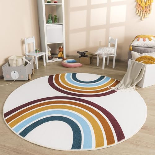 TT Home Babyzimmer Teppich Rund Kinderzimmer Waschbar Regenbogen Sonne, Farbe:Rot Beige Blau, Größe:100 cm Rund