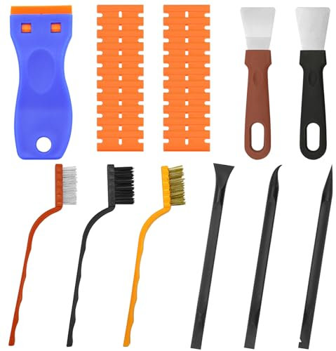 Omsscun 19 Pièces Grattoir Plaque Vitrocéramique Set, Grattoir Vitre, Grattoir Plastique avec 11 Lames de Rechange, 3 Brosse Metallique, 3 Spudger et 2 Spatule en Inox pour Autocollants, Colle,Taches