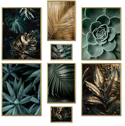 ARTFAVES® Poster Set - GOLD PLANT HARMONY - mehrteilige Wanddeko Wohnzimmer & Schlafzimmer - 8 moderne Wandbilder Pflanzen Bilder, grün, gold, Blätter, Monstera - mit Rahmen Gold