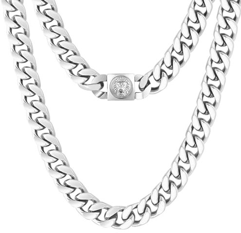 KRKC&CO 12mm Herren Panzerkette mit Löwe Kopf Verschluss, Weißgold plattiert Cuban Link Chain, Edelstahl Miami Kubanische Gliederkette Silberkette, Hip Hop Halskette für Männer Jungen [Größe 61cm]