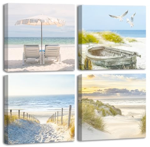 CHDITB 4 Stück,40 * 40cm,Meer Leinwand Wandkunst,Ozean Leinwand Bilder, Strandstühle Möwen fliegende Bilder,Strandstrand Malerei Wanddekoration,Blaue Meerblick Kunstdruck Bad Heimat Büro Dekoration