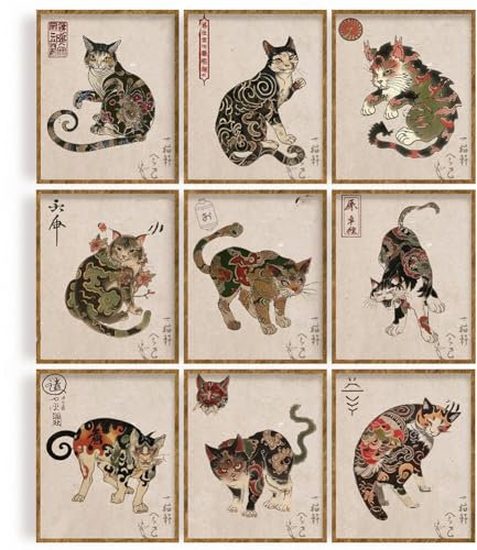 WEBEEDY Set von 9 Samurai-Katzen-Wandkunstdrucken Vintage Japanische Samurai-Katzen-Wanddekoration 20x25cm Ungerahmt Retro-Tattoo-Katzenmalerei Lustiges Bild Leinwand-Wandkunst