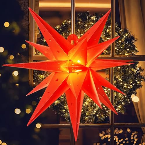 SUNBEAUTY 21 Inches Red Large Moravian Star Outdoor Light Warm White LED Hanging Star Lights 3D Christmas Tree Topper Star for Holiday Wedding Birthday Party Porch Light Decor