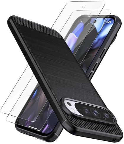 Natbok Custodia Cover per Google Pixel 9 / Cover Pixel 9 Pro,Spazzolata e Fibra di Morbido Silicone TPU Cover e 2 Pezzi Pellicola Vetro Temperato,Antigraffio, Antiscivolo, Antiurto Cover Pixel 9