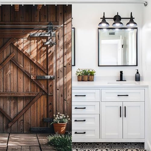 Duschvorhang, wasserdichter Stoff, Duschvorhang-Set, Duschvorhang für Badezimmer mit 12 Haken, Holz-Scheunentür im Bauernhaus, Badezimmer-Vorhang, Badezimmer-Dekor, Duscheinlage für Badewanne, 152 x