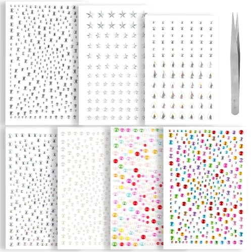1800 Stück Glitzersteine Selbstklebend, 3-10mm Strasssteine Selbstklebend, Sterne, Perlen, Wassertropfen Silber und bunte Glitzersteine zum Basteln, Glitzersteine für Gesicht, mit Pinzette