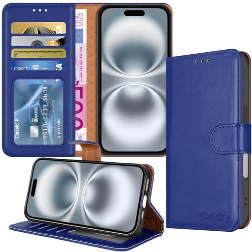 iCatchy For iPhone 16 Case Wallet, Premium PU Leather Flip Cover with RFID Blocking, 4 Card Slots, Magnetic Closure, Kickstand, Shockproof Folio Phone Case for iPhone 16 6.1 inch, Blue