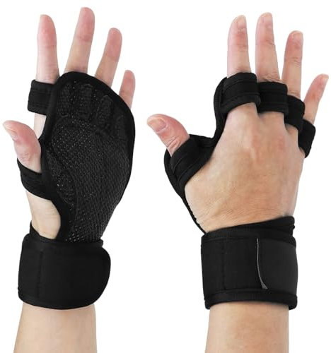QWORK® Offene Trainingshandschuhe (Schwarz M) für Klimmzüge, Gewichtheben, Bodybuilding, Calisthenics - Griffpolster mit Handgelenkstütze