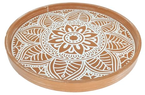 Round Wooden Tray Wood Decorative Tray Boho Rustic Serving Tray Brown Tea Coffee Table Centrepiece Candle Holder Farmhouse Decor Wood Serving Plates for Kitchen Living Room Counter 30 cm