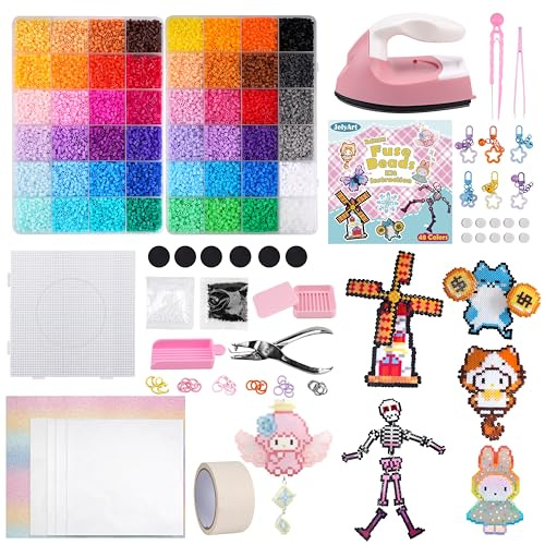 JelyArt 23.000 cuentas para planchar de 48 colores, 2,6 mm, con mini plancha y películas de lentejuelas, con diseños giratorios, papel de planchar y accesorios, perfecto para píxeles,