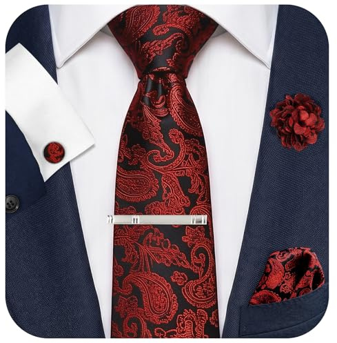 AOOSU Ensemble de Cravate Homme, Cravate Cachemire pour Homme avec Mouchoir de Poche, Pince a Cravates, Broche Florale et Boutons de Manchette pour Mariage Business et Ceremonie