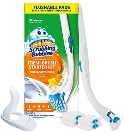 Scrubbing Bubbles Toilet Bowl Brush and Holder with Cleaner Refill Pads, Fresh Brush Toilet Wand Starter Kit, Cleans Limescale & Fights Odors, Citrus Scent, 1 Wand + 4 Refills + 1 Stand